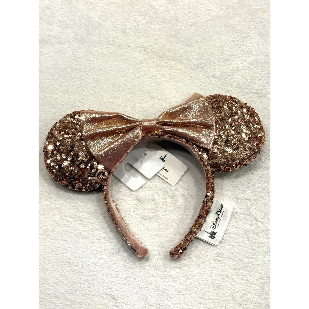 Disney Parks Minnie‎ Mouse Rose Gold Sequin Ear Headband Metallic Bow NWT